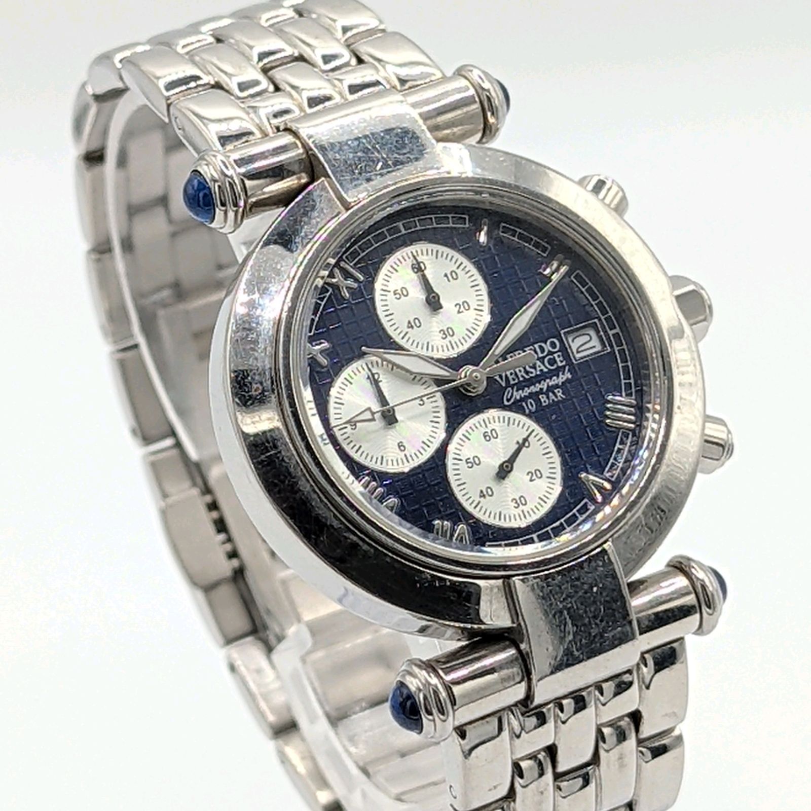 ALFREDO VERSACE V 414 CH Watch Quartz Chronograph Date Round Silver Blue Men s Working アルフレッドベルサーチ 時計 メンズ クロノグラフ ラウンド デイト シルバー稼働品