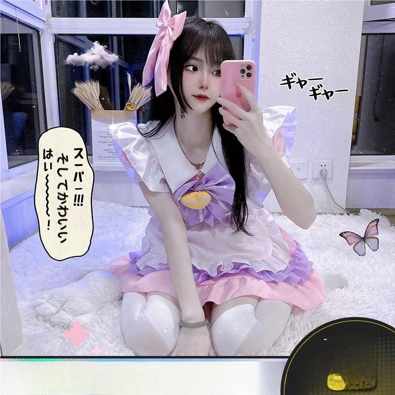 ♥ ピンク紫 メイド服 コスプレ 日常 可愛い 軟妹 ロリータ 女性用 ロータ セット ワンピース meilu 51209