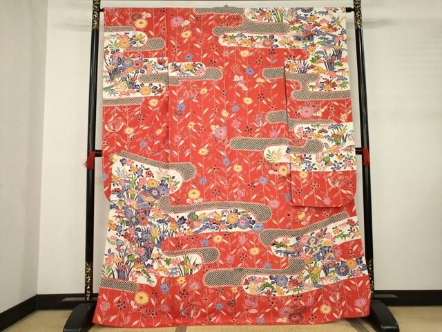 平和屋着物○紅型 振袖 エ霞風景花文 正絹 逸品 AABC8671ck