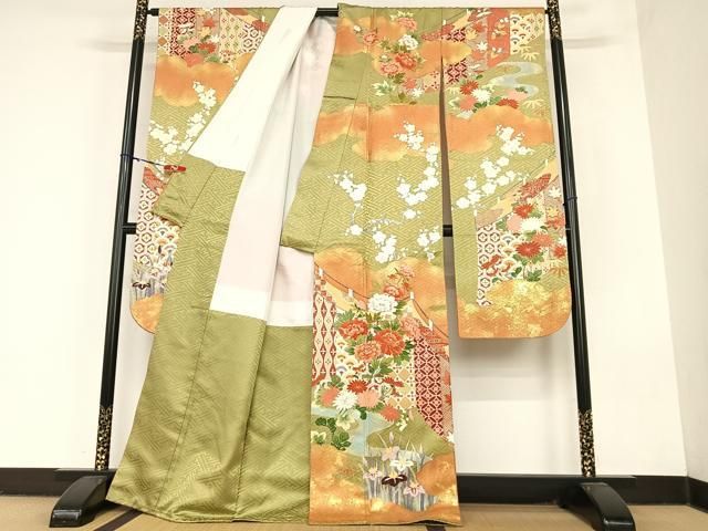 平和屋着物○豪華振袖 友禅 駒刺繍 几帳花文 暈し染め 金彩 正絹 逸品