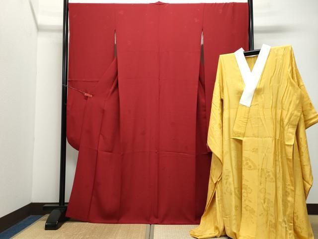 平和屋着物●豪華振袖・長襦袢セット　草花地紋　赤色×柑子色　京都きもの友禅扱い　正絹　逸品　CAAZ8258vf 平和屋着物○豪華振袖・長襦袢セット 草花地紋 赤色×柑子色 京都きもの