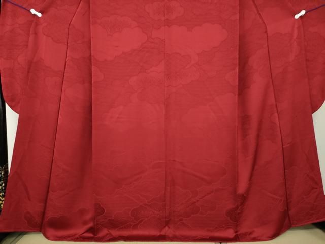 平和屋着物○豪華振袖 雲取り立波花菱地紋 色無地 赤色 正絹 逸品