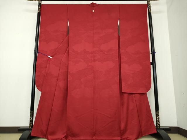 平和屋着物●豪華振袖　雲取り立波花菱地紋　色無地　赤色　正絹　逸品　DAAZ0208ps 平和屋着物○豪華振袖 雲取り立波花菱地紋 色無地 赤色 正絹 逸品