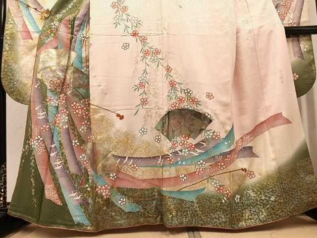 平和屋着物●豪華振袖　染水襲ね　地紙御所車飛鶴花文　暈し染め　金銀彩　正絹　逸品　AABD3413ph 平和屋着物○豪華振袖 染水襲ね 地紙御所車飛鶴花文 暈し染め 金銀彩