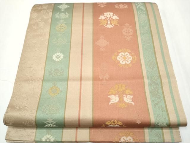 平和屋着物●八寸名古屋帯　向かい鳥花文　正絹　逸品　CABA1055hy 平和屋着物○八寸名古屋帯 向かい鳥花文 正絹 逸品 CABA1055hy