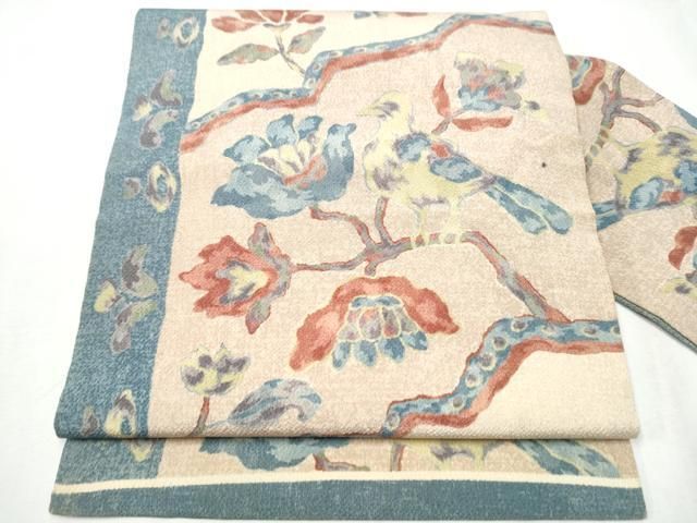 平和屋着物●全通柄　九寸名古屋帯　休み鳥更紗花文　鬼しぼ縮緬　正絹　逸品　CABA1060hy 平和屋着物○全通柄 九寸名古屋帯 休み鳥更紗花文