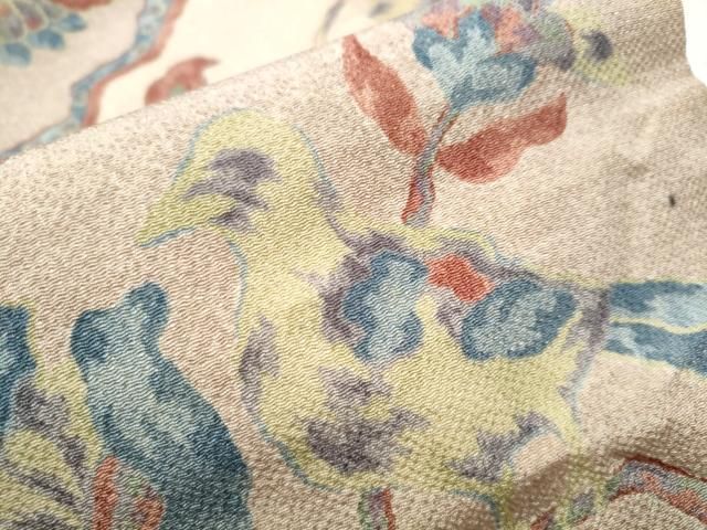 平和屋着物●全通柄　九寸名古屋帯　休み鳥更紗花文　鬼しぼ縮緬　正絹　逸品　CABA1060hy 平和屋着物○全通柄 九寸名古屋帯 休み鳥更紗花文