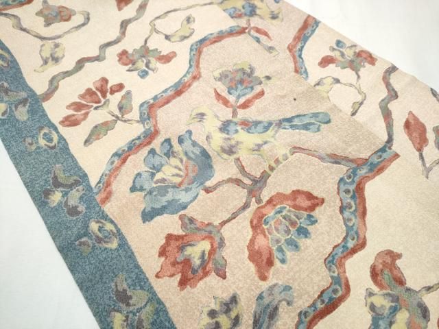 平和屋着物○全通柄 九寸名古屋帯 休み鳥更紗花文