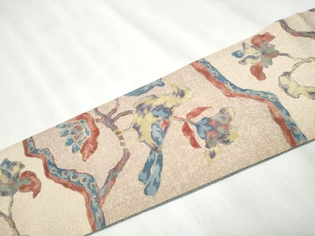 平和屋着物○全通柄 九寸名古屋帯 休み鳥更紗花文