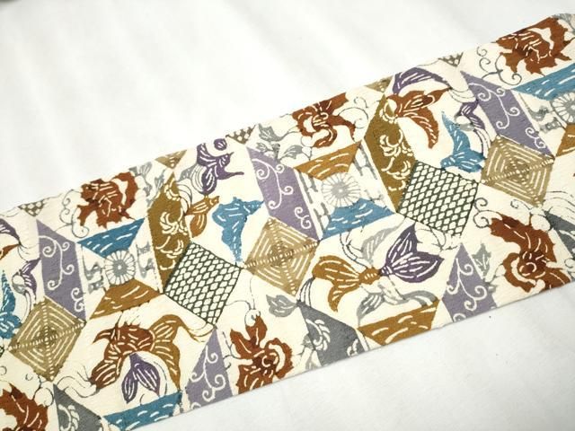 平和屋着物○全通柄 九寸名古屋帯 型染め 絞り 吉祥花