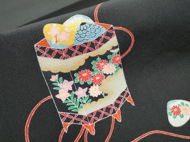 平和屋着物●九寸開き名古屋帯　貝桶花文　黒地　金彩　鬼しぼ縮緬　正絹　逸品　CABA1081hy 平和屋着物○九寸開き名古屋帯 貝桶花文 黒地 金彩 鬼