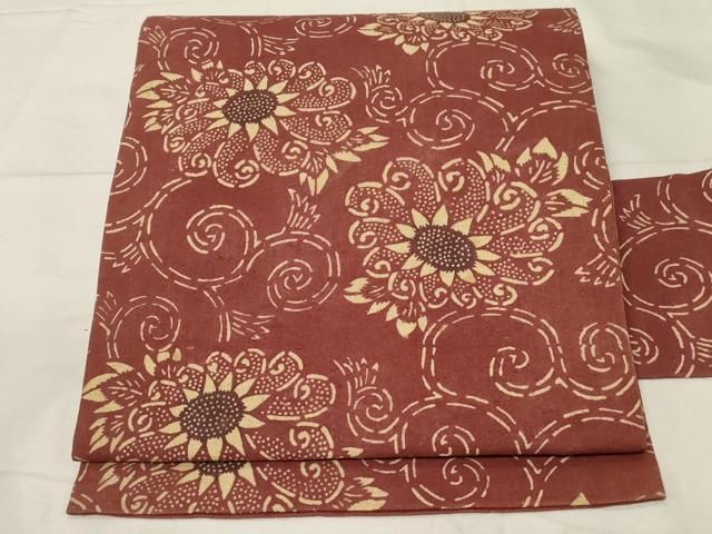 平和屋着物●全通柄　九寸名古屋帯　紬地　型染め　花唐草文　正絹　逸品　未使用　CABA2211dy 平和屋着物○全通柄 九寸名古屋帯 紬地 型染め 花唐草文 正絹 逸品 未