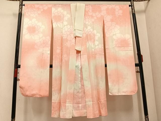 平和屋着物●振袖用長襦袢　無双仕立て　牡丹地紋　暈し染め　正絹　逸品　AABD3468ph 平和屋着物○振袖用長襦袢 無双仕立て 牡丹地紋 暈し染め 正絹 逸品