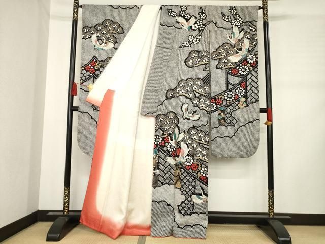 平和屋着物○豪華振袖 総絞り 飛鶴吉祥花文 黒地 金彩 正絹 逸品