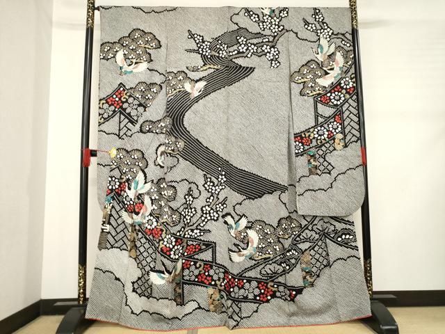 ◆豪華■正絹総絞り■吉祥飛鶴文■黒地■金彩加■振袖一式 ◇豪華□正絹総絞り□吉祥飛鶴文□黒地□金彩加