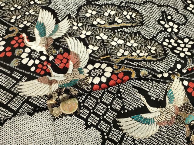 平和屋着物○豪華振袖 総絞り 飛鶴吉祥花文 黒地 金彩 正絹 逸品