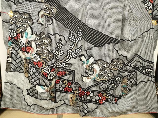 ◆豪華■正絹総絞り■吉祥飛鶴文■黒地■金彩加■振袖一式 ◇豪華□正絹総絞り□吉祥飛鶴文□黒地□金彩加