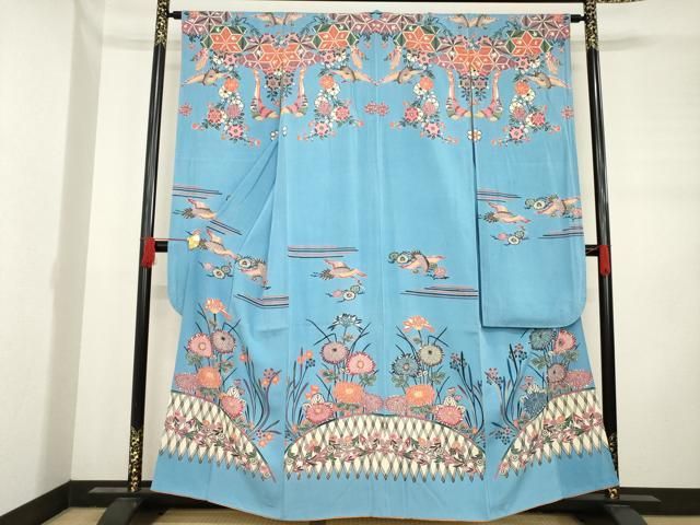 平和屋着物○本場琉球紅型 振袖 飛鶴花籬文 正絹 逸品 AABD0958ck