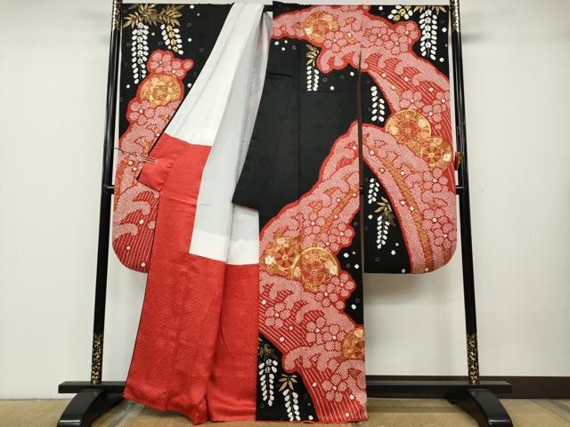 平和屋着物○豪華振袖・長襦袢セット 駒刺繍 絞り 源氏車花文 黒地