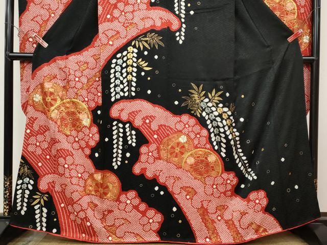 豪華！総絞り　名品　振り袖　フルセット　別誂長襦袢　総絵羽紋様　珍品　可愛い 振袖 身丈182cm 裄丈73.5cm 未仕立て 仮絵羽 草花 蘭 銀通し ラメ箔 黒