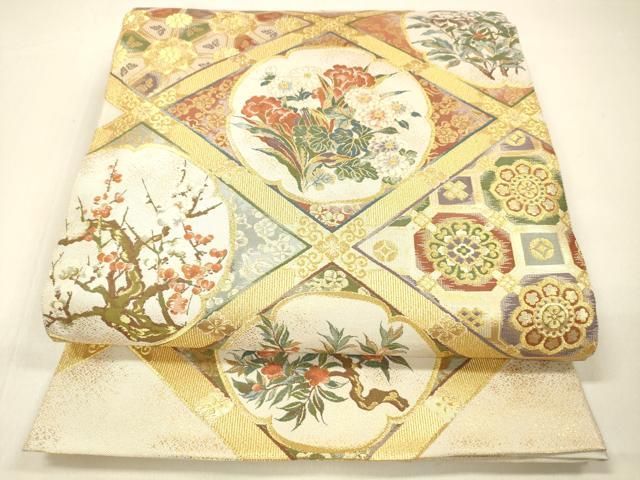 平和屋着物●「美しいキモノ」お馴染みのメーカー　となみ織物　六通柄袋帯　枝花文　金糸　証紙付き　正絹　逸品　DAAZ4348cm 平和屋着物○「美しいキモノ」お馴染みのメーカー となみ織物 六通柄