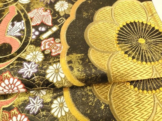 平和屋着物●六通柄袋帯　唐織　宝尽くし笹の葉雪輪花文　黒地　金銀糸　引箔　正絹　逸品　DAAZ4487cm 平和屋着物○六通柄袋帯 唐織 宝尽くし笹の葉雪輪花文 黒地 金銀糸