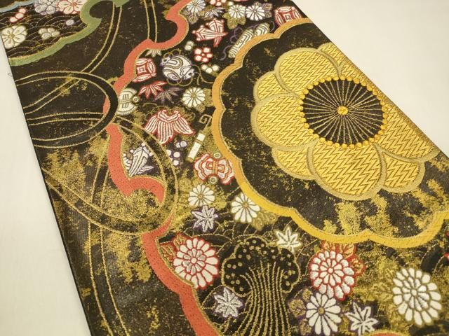 平和屋着物○六通柄袋帯 唐織 宝尽くし笹の葉雪輪花文 黒地 金銀糸