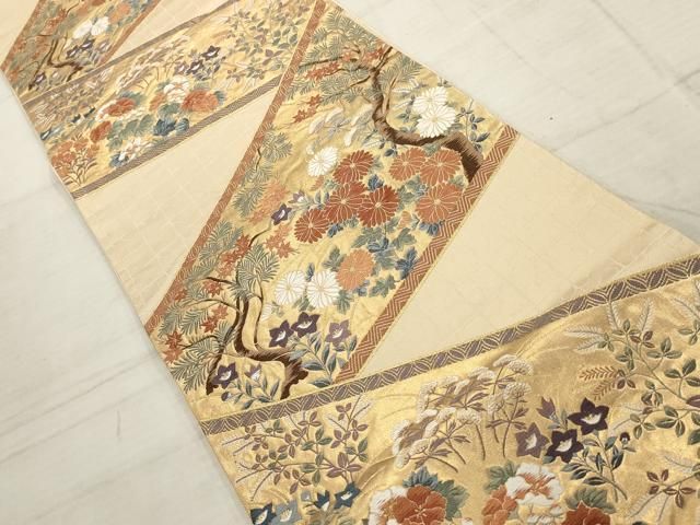 平和屋着物▽六通柄袋帯 唐織 楽園草花文様 金糸 正絹 逸品 AABC6714wj