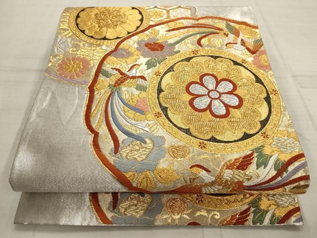 平和屋着物▽全通柄袋帯 唐織 吉祥鳳凰花文 金銀糸 正絹 逸品