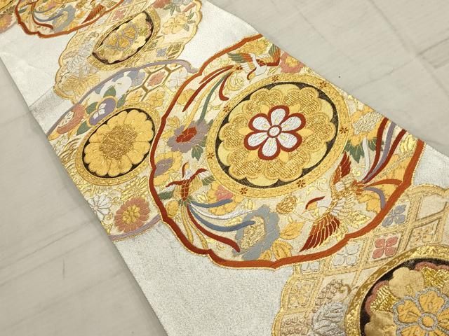 平和屋着物▽全通柄袋帯 唐織 吉祥鳳凰花文 金銀糸 正絹 逸品
