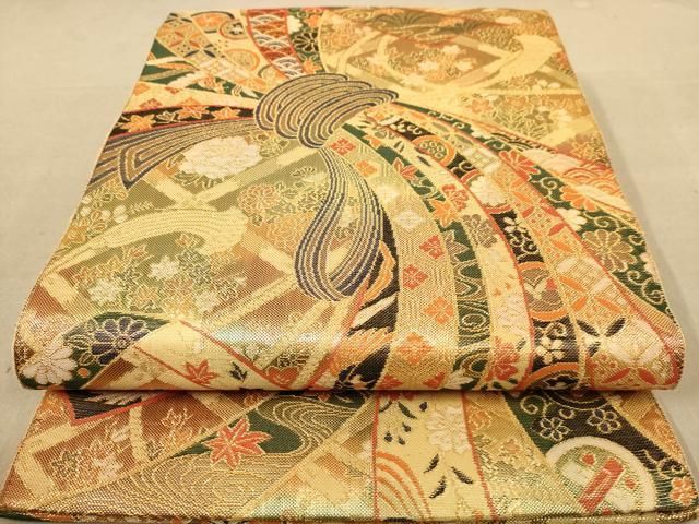 平和屋着物◎佐賀錦 全通柄袋帯 束ね熨斗花文 金糸 正絹 逸品