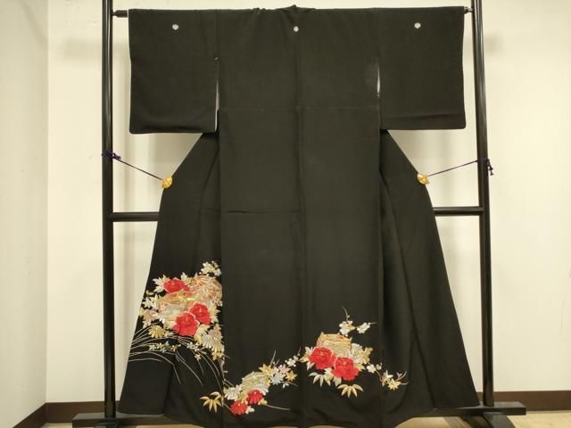 平和屋着物□豪華黒留袖 駒刺繍 総刺繍 糸車花文 金銀糸 正絹 逸品