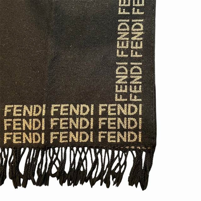 フェンディ FENDI マフラー ストール フリンジ ウール ロゴ 茶