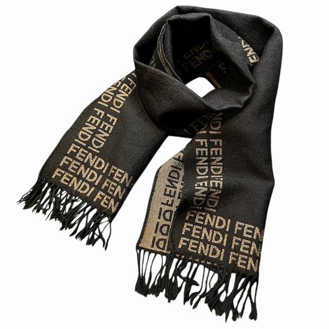フェンディ FENDI マフラー ストール フリンジ ウール ロゴ 茶