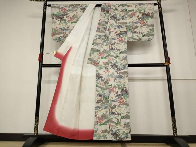 平和屋着物□上質な小紋 人物風景文 金彩 鬼しぼ縮緬 正絹 逸品