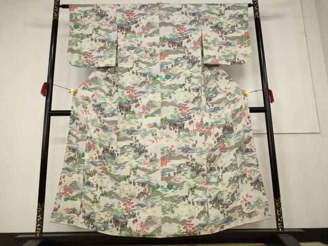 平和屋着物□上質な小紋 人物風景文 金彩 鬼しぼ縮緬 正絹 逸品