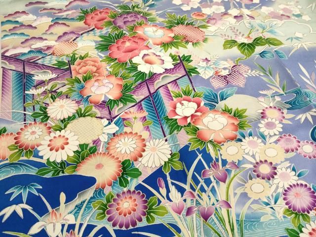 平和屋着物●訪問着　流水花鳥文　暈し染め　金銀彩　正絹　逸品　AABB7908ck 平和屋着物○訪問着 流水花鳥文 暈し染め 金銀彩 正絹 逸品 AABB7908ck