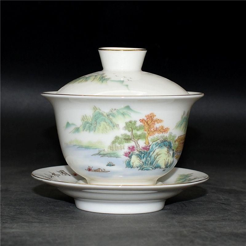 粉彩山水人物三才蓋碗 茶器 湯飲み煎茶器 茶道具 新品未使用 - メルカリ