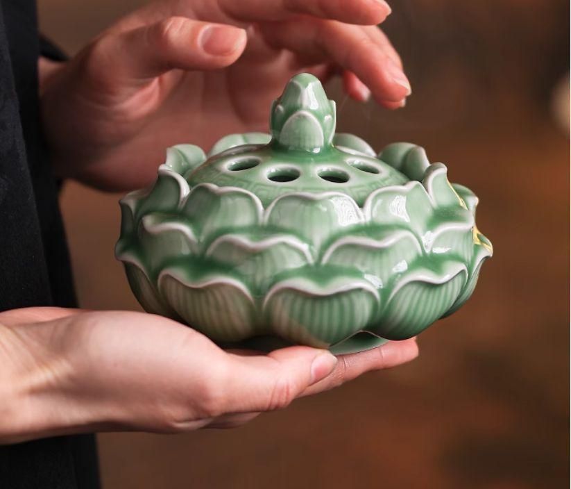 陶磁器 蓮華青磁盤香炉 香薫炉 禅意沈香炉 茶道具 香道具 装飾品 工芸