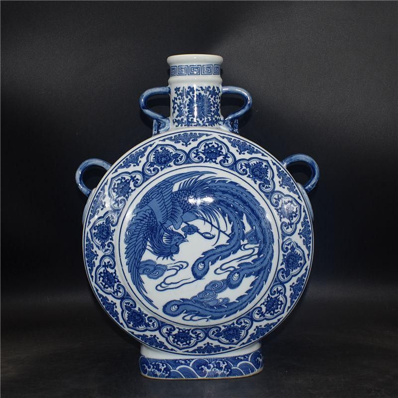 清乾隆青花開窓龍鳳呈祥福寿抱月瓶 景徳鎮 陶磁器 装飾品 現代工芸品