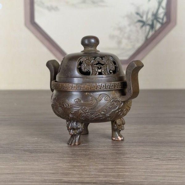 銅製 蘇工如意三足炉 盤香炉 檀香炉 茶道具 香道具 装飾品 工芸品 置物 銅製 蘇工如意三足炉 盤香炉 檀香炉 茶道具 香道具 装飾品