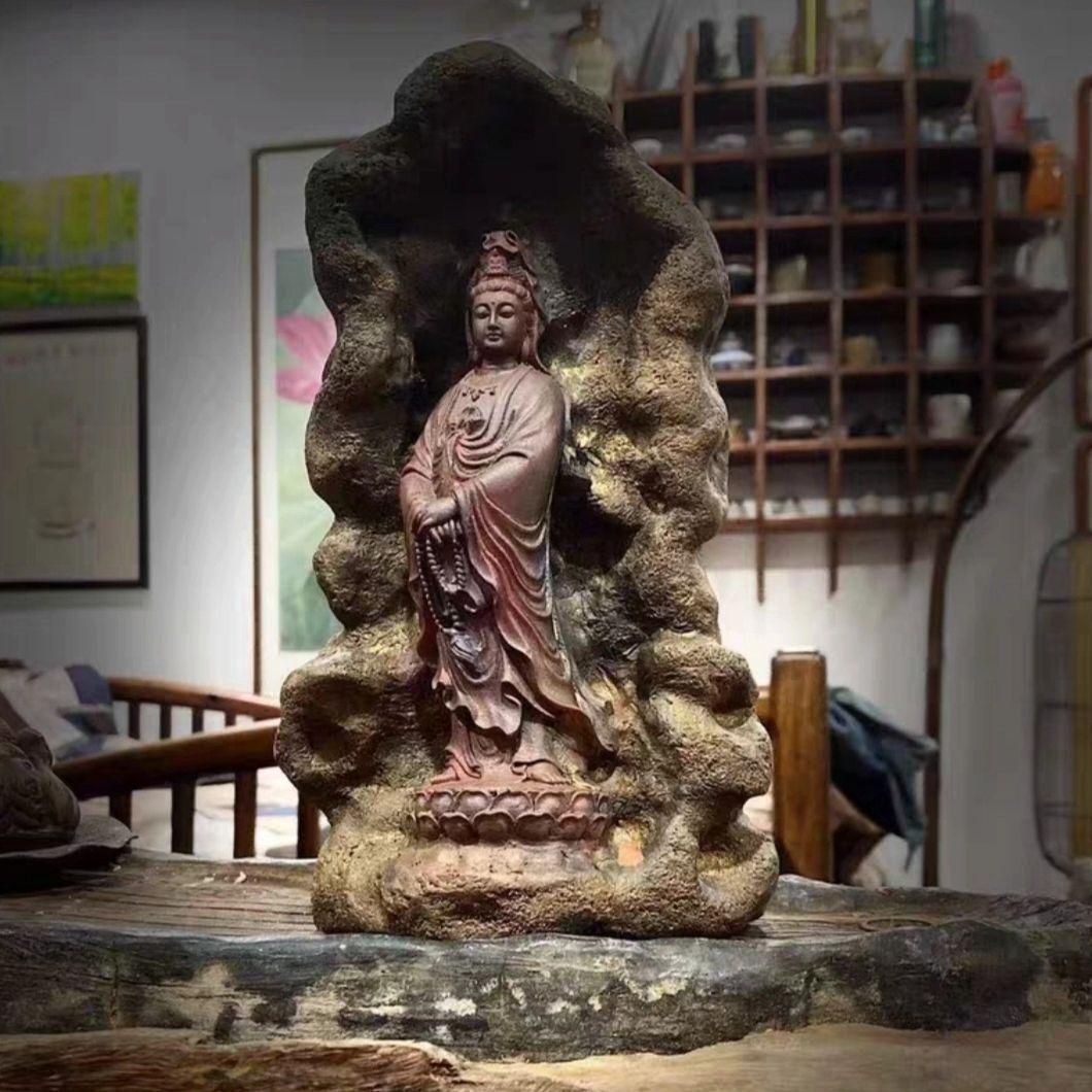 仏教美術 石像 石仏 念珠観音 室内鎮宅 文房鎮紙茶台 玄関装飾品 工芸