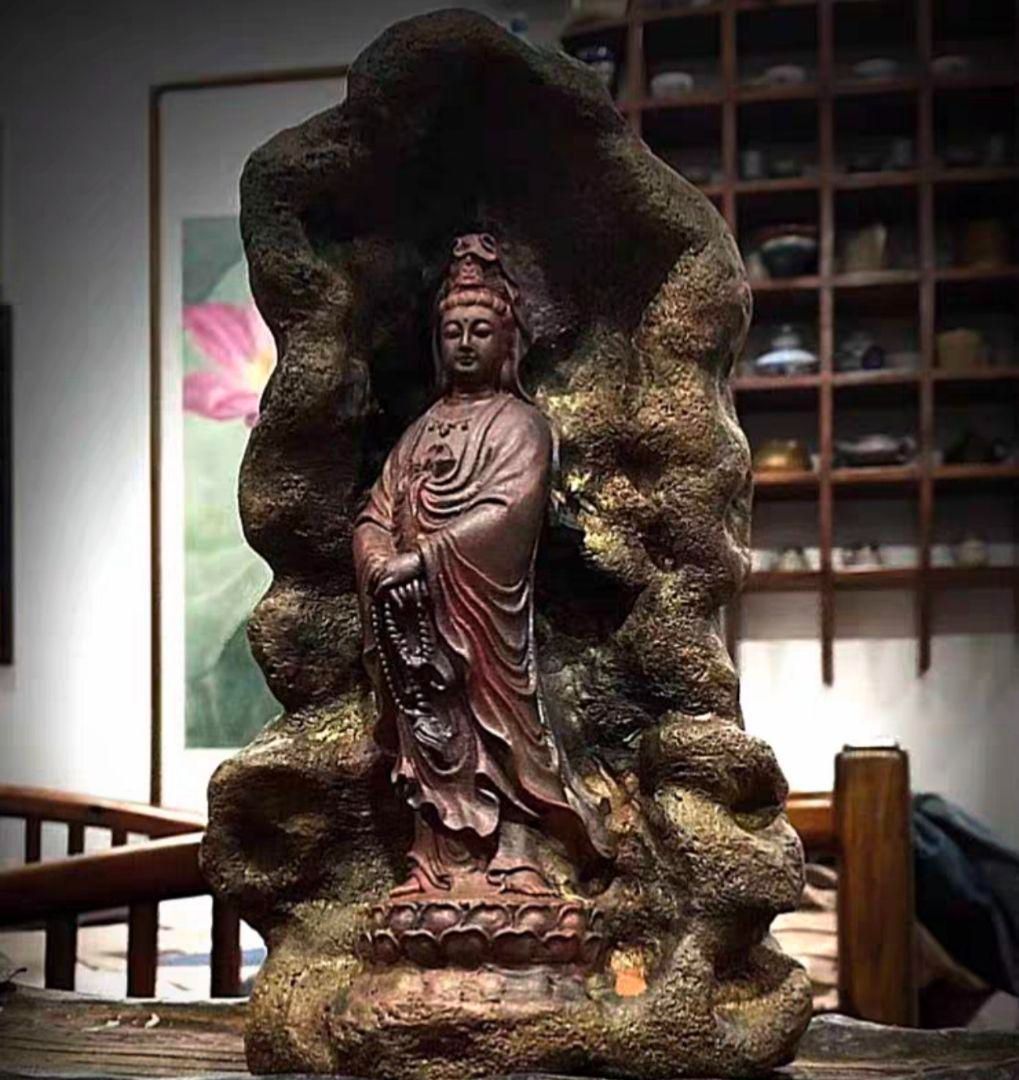 仏教美術 石像 石仏 念珠観音 室内鎮宅 文房鎮紙茶台 玄関装飾品 工芸