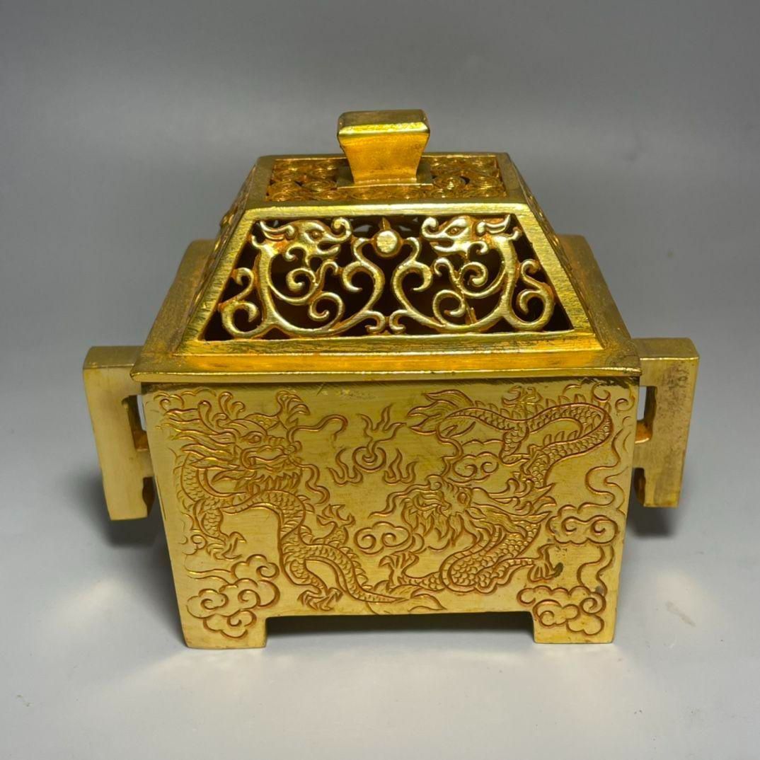 銅制 竜紋透かし彫り蓋宣徳方炉 室内香炉 香道具 茶道具 装飾品 工芸品