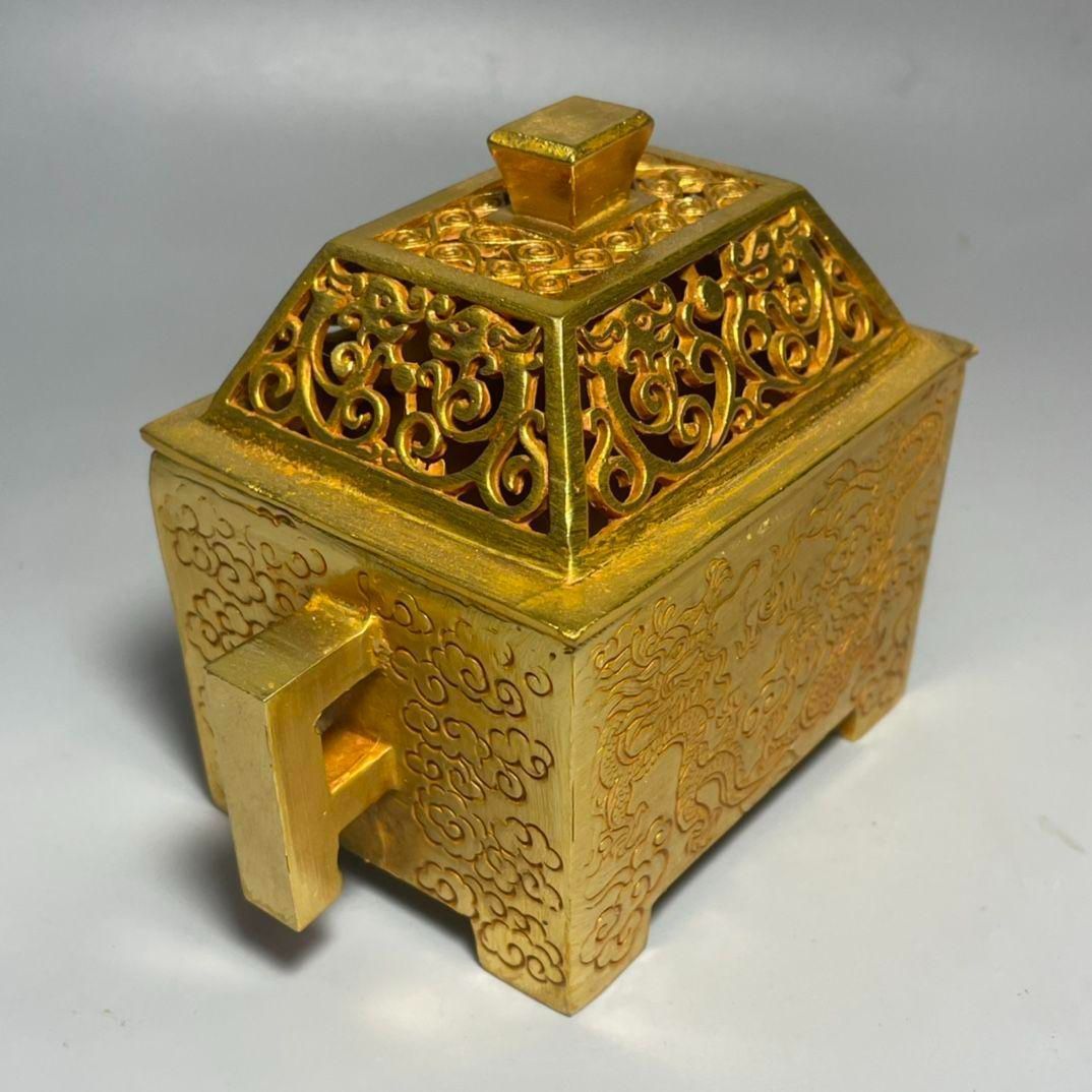 茶道具 古銅製大香炉 金工細工透かし彫り浮彫『波に龍鳳』 蓋透かし彫 銅制 竜紋透かし彫り蓋宣徳方炉 室内香炉 香道具 茶道具 装飾品 工芸品