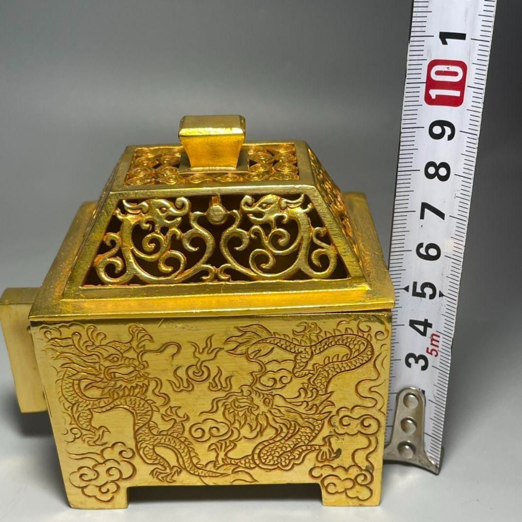 銅制 竜紋透かし彫り蓋宣徳方炉 室内香炉 香道具 茶道具 装飾品 工芸品