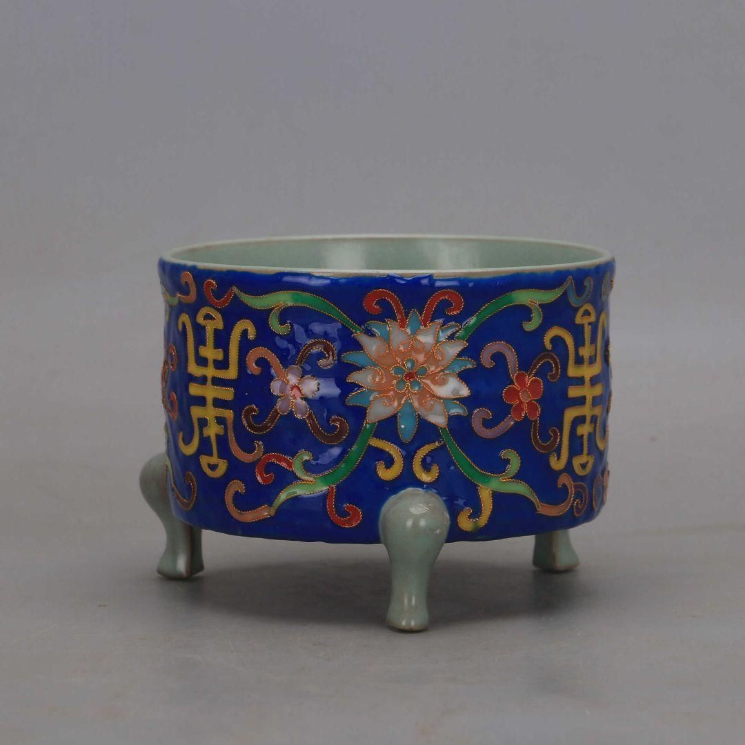 汝窯絞糸琺瑯彩寿字纏枝蓮三足玄紋香炉 景徳鎮 装飾品 現代工芸品 美術