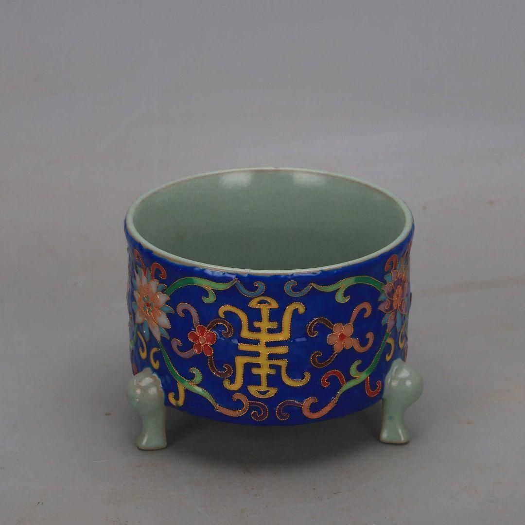 汝窯絞糸琺瑯彩寿字纏枝蓮三足玄紋香炉 景徳鎮 装飾品 現代工芸品 美術