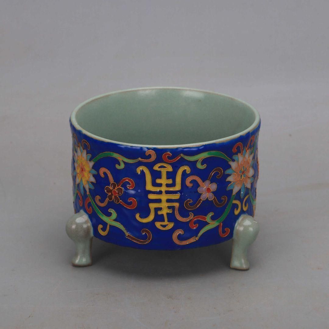 汝窯絞糸琺瑯彩寿字纏枝蓮三足玄紋香炉 景徳鎮 装飾品 現代工芸品 美術