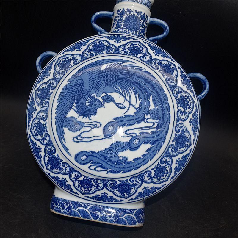 清乾隆青花開窓龍鳳呈祥福寿抱月瓶 景徳鎮 陶磁器 装飾品 現代工芸品